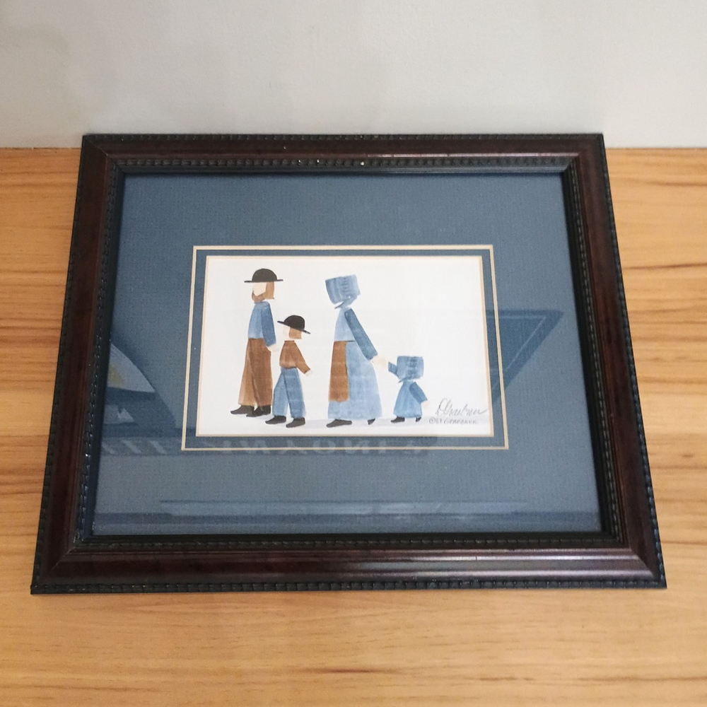 Vtg Signed 1988 Graebner Framed Matted Amish Family Watercolor Folk Art Print